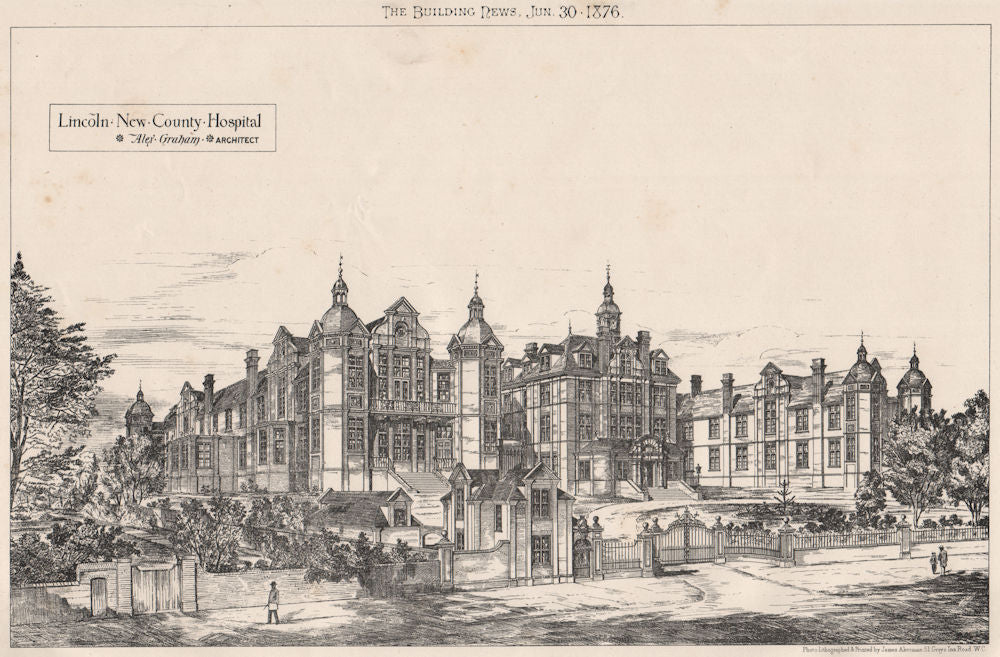 Lincoln new Country Hospital; Alex Graham, Architect. Lincolnshire 1876 print